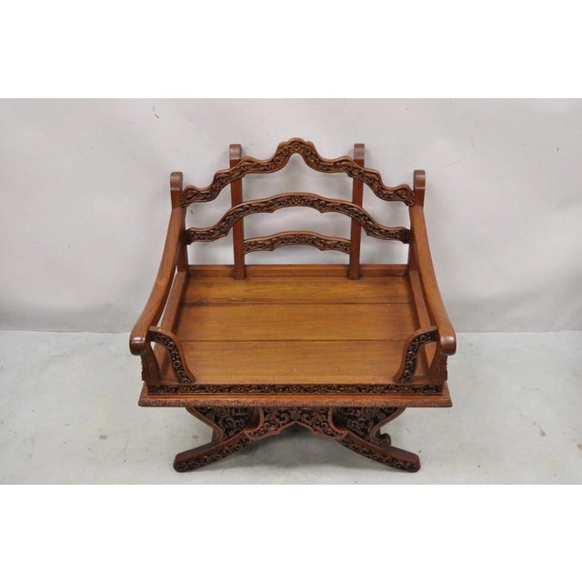 Chinoiserie Vintage Chinoiserie Carved Teak Wood Howdah Elephant Saddle Accent Chair For Sale - Image 3 of 12