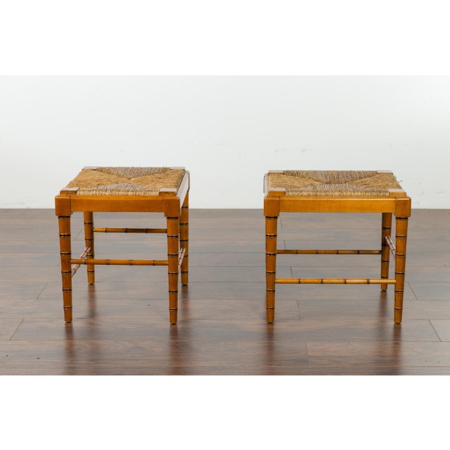 Vintage Pair of English Midcentury Faux Bamboo Walnut Stools with Rush Seats For Sale - Image 4 of 12