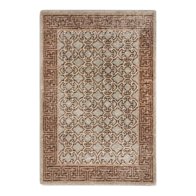 Rug & Kilim’s Khotan Style Rug in Distressed Blue, Beige-Brown Trellis Pattern For Sale