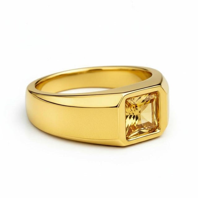 Signet Ring with Citrine for Men silver, gold. Square Solitaire Ring. Minimalist Luxury Pinky Ring. Modern Gentleman...