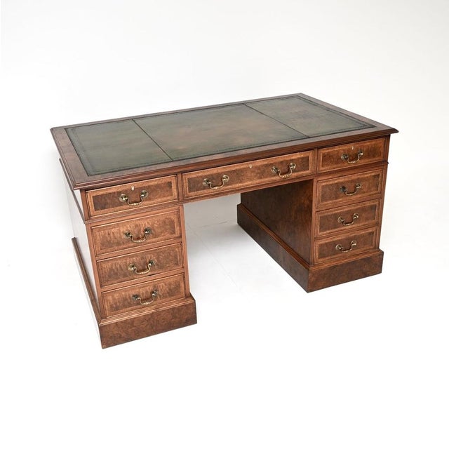 Brown Vintage Pedestal Desk in Burr Walnut with Leather Top, 1960 For Sale - Image 8 of 14