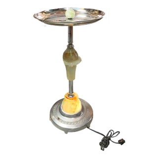 1930s Streamline Art Deco Chrome Drink Glass Top Side Table W/ Light Up Base For Sale