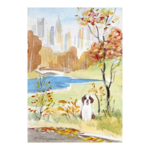 Doggie in the Park, Erik Freyman Watercolors on Paper, Signed in Pen