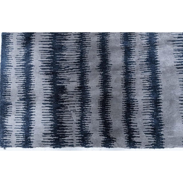 Gray Modern Tibetan Silk “Car Wash” Striped Rug in Blue and Gray by Doris Leslie Blau For Sale - Image 8 of 9