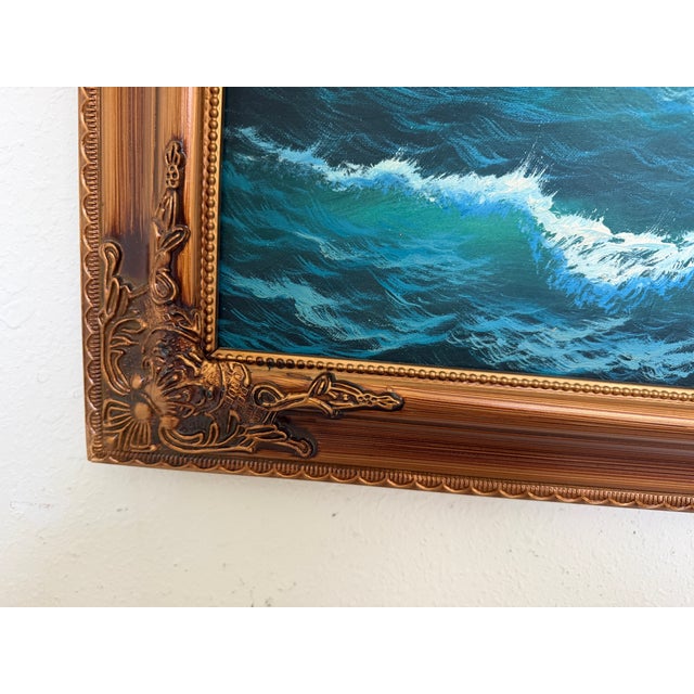 A striking large-scale oil painting on canvas depicting a powerful sailing vessel advancing through rolling ocean waves...