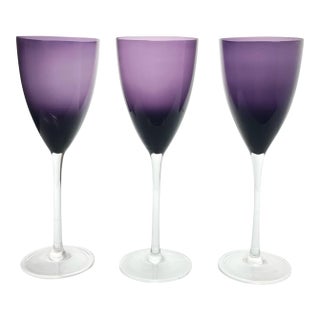 1990s Vintage Deep Purple Amethyst Tall 3 Wine Water All Purpose Glasses For Sale