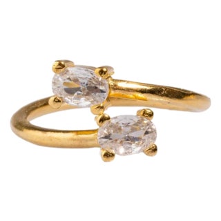 Double Diamond Stone & Gold Dainty Adjustable Ring, Size 4 For Sale