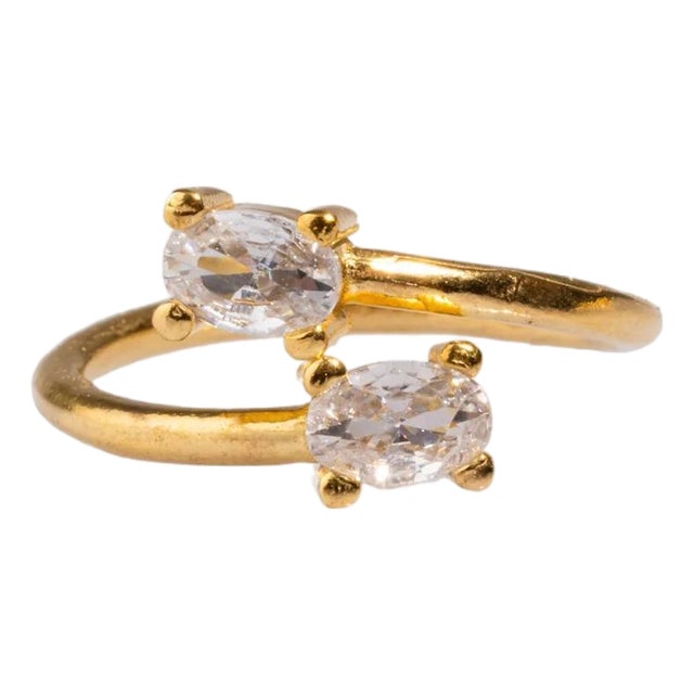 Double Diamond Stone & Gold Dainty Adjustable Ring, Size 4 For Sale