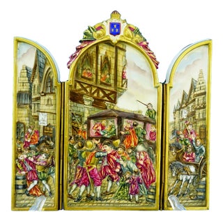 Capodimonte, Triptych Plaque Bas-Relief the Brawl, 1800s, Porcelain For Sale