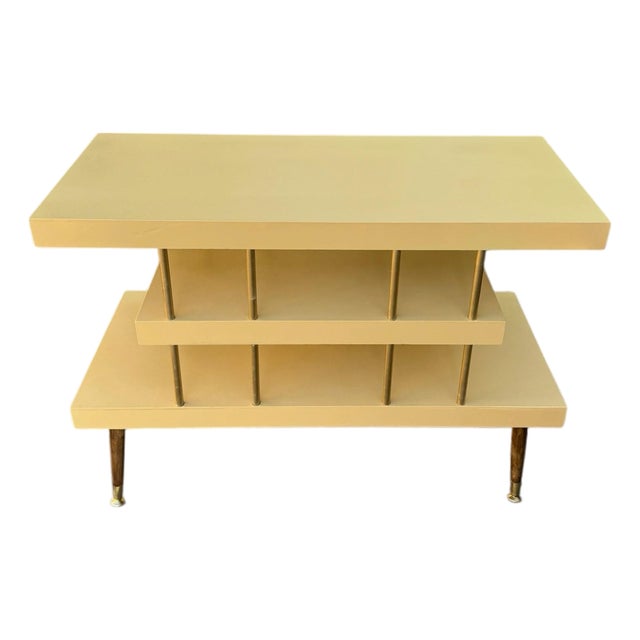 Vintage Mid-Century Modern Three-Tier Tangerine Console Table With Walnut and Gold Accents For Sale
