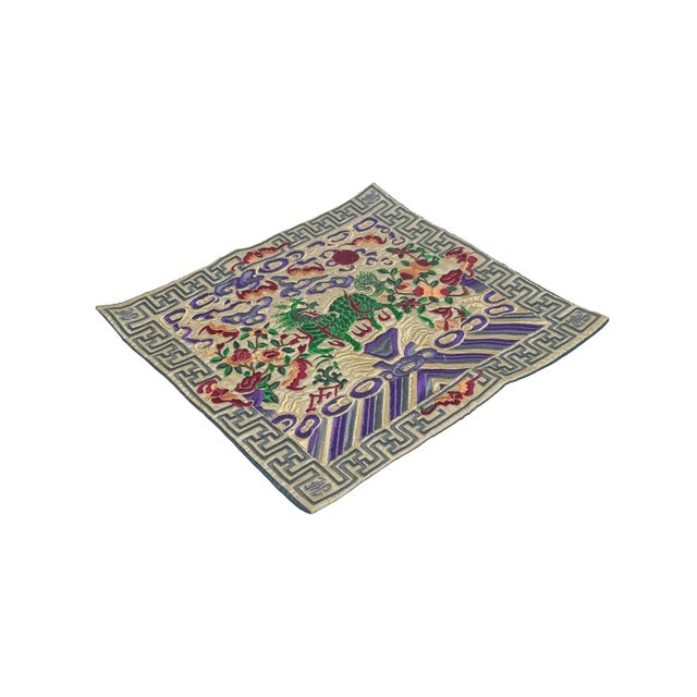 Textile Asian Rectangular Green Kirin Bats Blossom Flower Fabric Display Art For Sale - Image 7 of 10