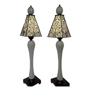 Vintage Mid-Century-Spanish Revival Wrought Iron Glass Table Lamps - A Pair For Sale