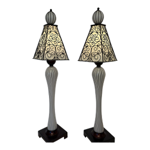 Vintage Mid-Century-Spanish Revival Wrought Iron Glass Table Lamps - A Pair