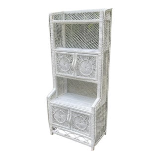 Tall White Wicker Hutch Etagere Sunburst Design 4 Doors 5 Shelves For Sale