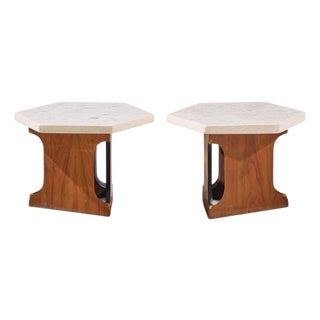 Harvey Probber Mid Century Walnut and Terrazzo Top Hexagon Side Tables - Pair For Sale