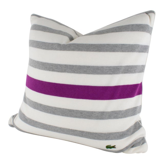 Lacoste Paris Gray and Fuchsia Tennis Stripe Knitted Throw Pillow For Sale