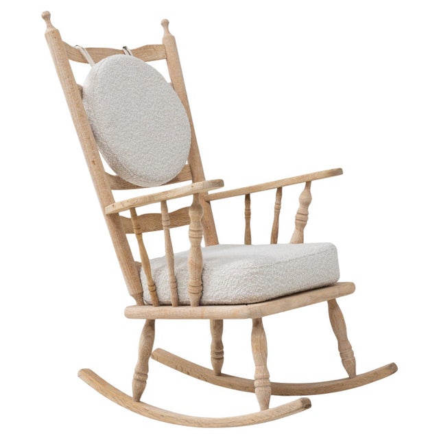 20th Century French Spindle-Back Oak Rocking Chair with Bouclé Cushions For Sale - Image 15 of 18
