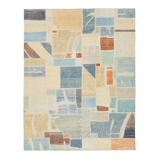 Modernist Color-Block Handcrafted Wool Area Rug With Abstract Painterly Grid For Sale