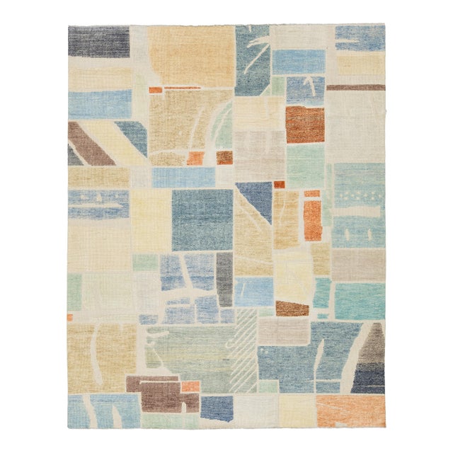 Modernist Color-Block Handcrafted Wool Area Rug With Abstract Painterly Grid For Sale