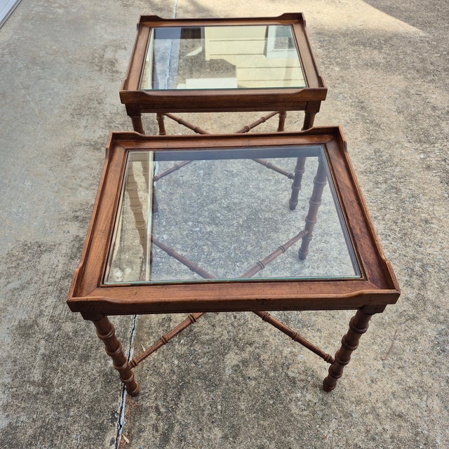 Brown Mid-20th Century Vintage Lane Faux Bamboo Wood & Glass Side End Tables, a Pair For Sale - Image 8 of 13