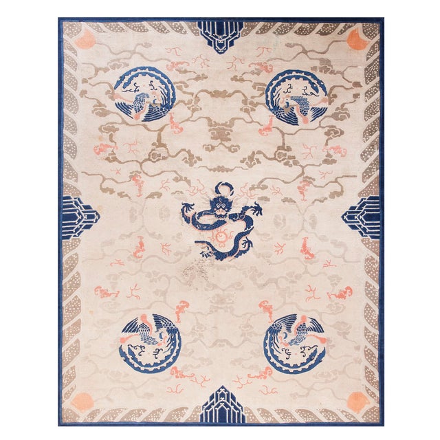 Ivory 1880s Ivory Blue Coral Antique Traditional Chinese Peking Dragon Rug Wool Carpet For Sale - Image 8 of 8