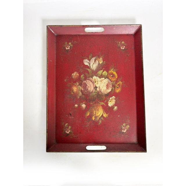 1940s Red Iron Tray with Floral Motif, France, 1940 For Sale - Image 5 of 13