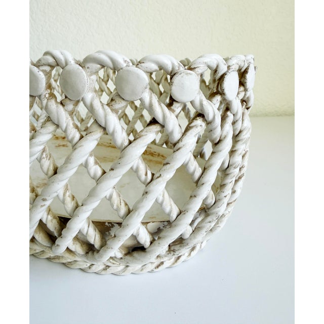 Off-white 1950s Rare Italian Creamware Oval Ceramic Rope Basket For Sale - Image 8 of 14