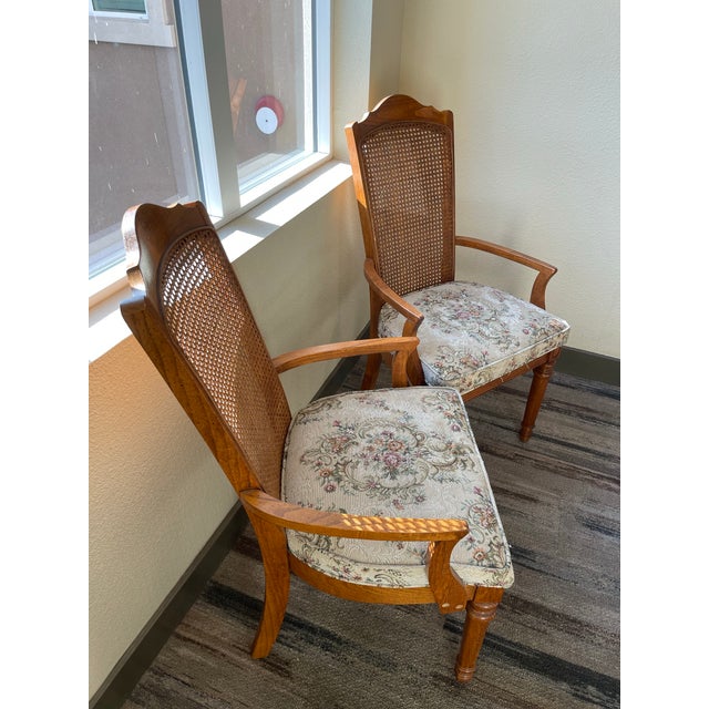 Wood Mid 20th Century French Regency Louis XVI Cane Back, Carved Walnut Upholstered Dining Chairs, Set of 5 For Sale - Image 7 of 12