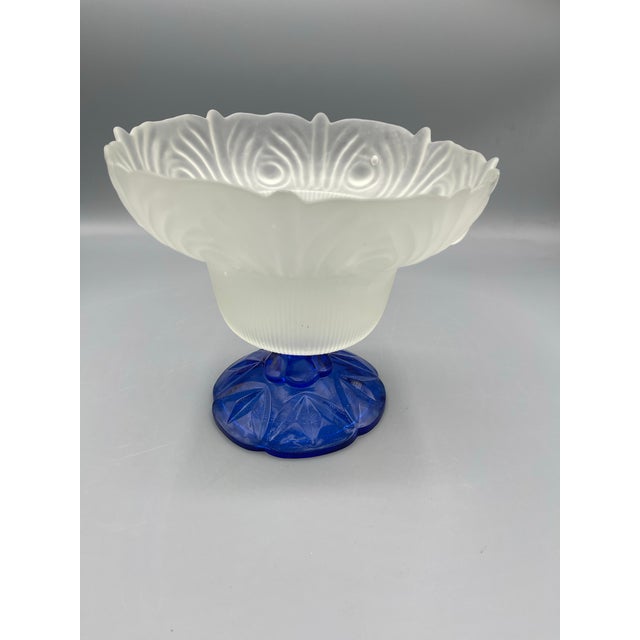 Late 20th Century Vintage Frosted Glass Pedestal Bowl With Cobalt Blue Base For Sale - Image 5 of 6