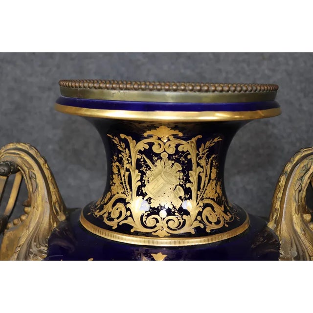Palatial 19th Century French Cobalt Blue Porcelain Vases - Attributed to Sèvres (Pair) For Sale - Image 11 of 15