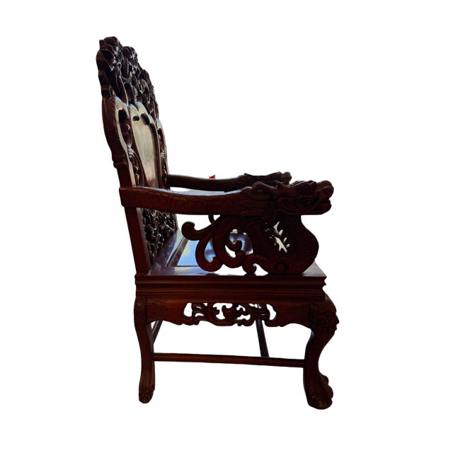 1900 - 1909 Antique Chinese Rosewood Dragon Armchair – Peranakan Style Carved Chair With Marble Insert, C. Late 19th or Early 20th Century For Sale - Image 5 of 16