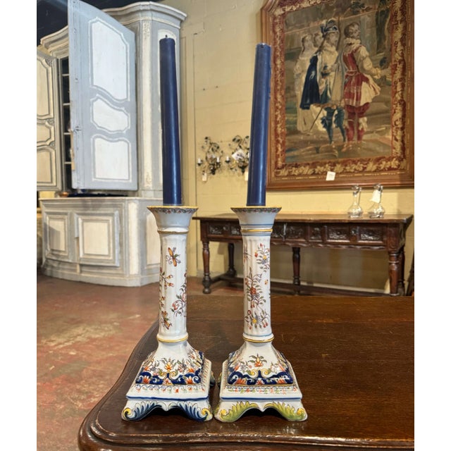Mid 20th Century Pair of Mid-Century French Rouen Faience Candlesticks With Floral Decor For Sale - Image 5 of 6