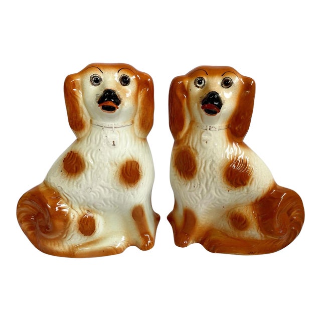 19th Century Staffordshire Caramel Mantle Dogs With Glass Eyes - a Pair For Sale