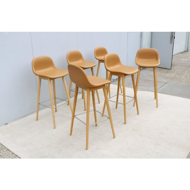 Danish Iskos-Berlin for Muuto Brown Leather Fiber Bar Stools Oak Base - Set of 3 For Sale - Image 9 of 18