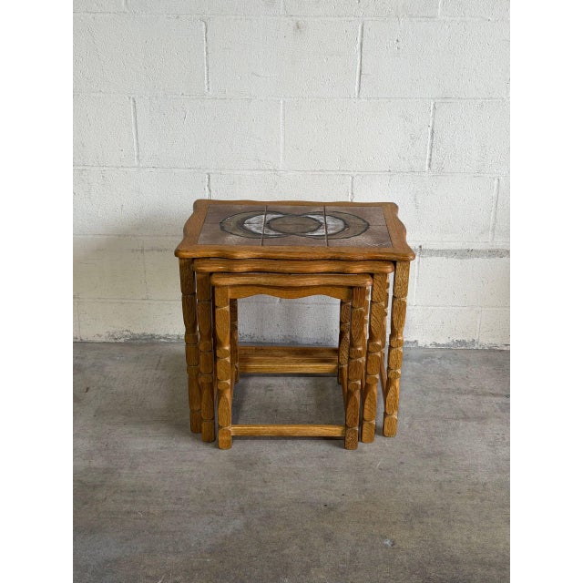 Danish Oak Ceramic Tile Top Nesting Side Tables Mid-Century Modern 1970s For Sale - Image 4 of 8