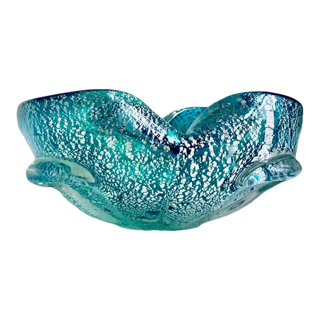 Italian Mid Century Seguso Murano Attributed Turquoise & Silver Averturine Dish For Sale