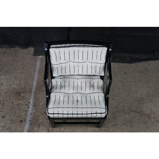 Mid Century Diminutive Black Lacquer Tufted & Striped Chinoiserie Arm Chair For Sale - Image 4 of 18