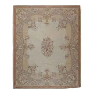 8x10 Vintage Aubusson Flat Weave Wool Rug, Beige Rose Bouquet For Sale