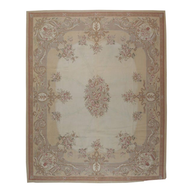 8x10 Vintage Aubusson Flat Weave Wool Rug, Beige Rose Bouquet For Sale