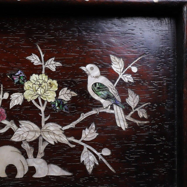 Late 20th Century Dark Wood Tea Tray With Mother-of-Pearl Bird and Floral Inlay For Sale - Image 9 of 10