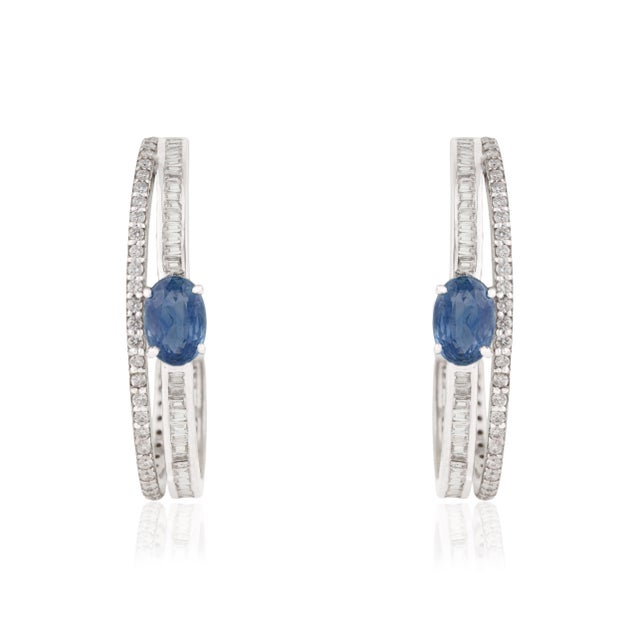 14k Gold 1.23ct Oval Cut Blue Sapphire & Diamond C- Hoop Earrings- A Pair For Sale - Image 4 of 14