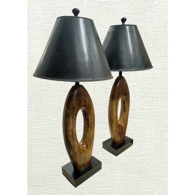 Vintage Extra Tall Organic Wood and Bone Mid Century Modern Open Oval Black Shade Table Lamps - a Pair For Sale - Image 12 of 15