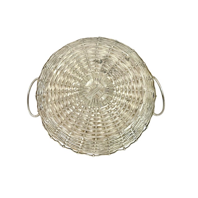 Metal Vintage French Provincial Woven Silver Plate Basket Tray With Handles Style After Christofle For Sale - Image 7 of 12