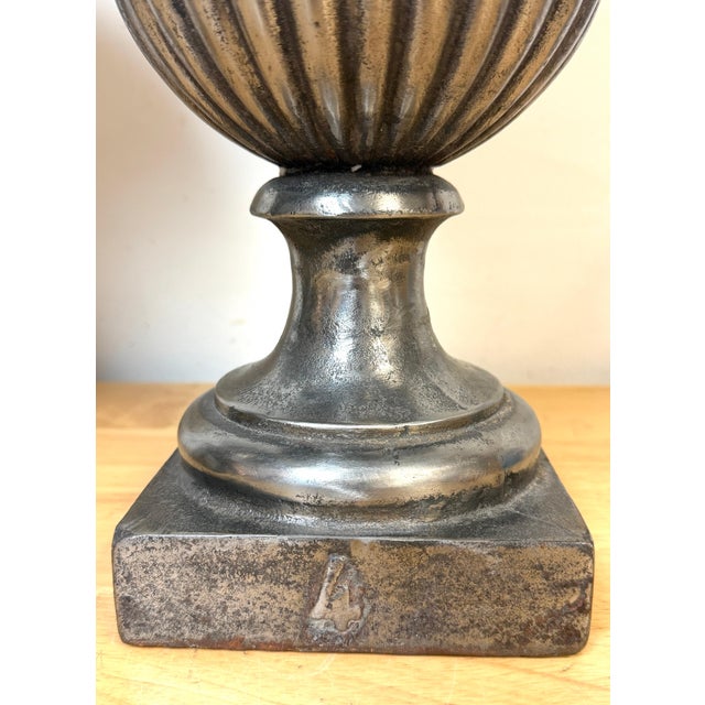 Metal Pair of English Regency Silvered Cast Iron Egg-and-Dart Urns, Early 19th Century For Sale - Image 7 of 12