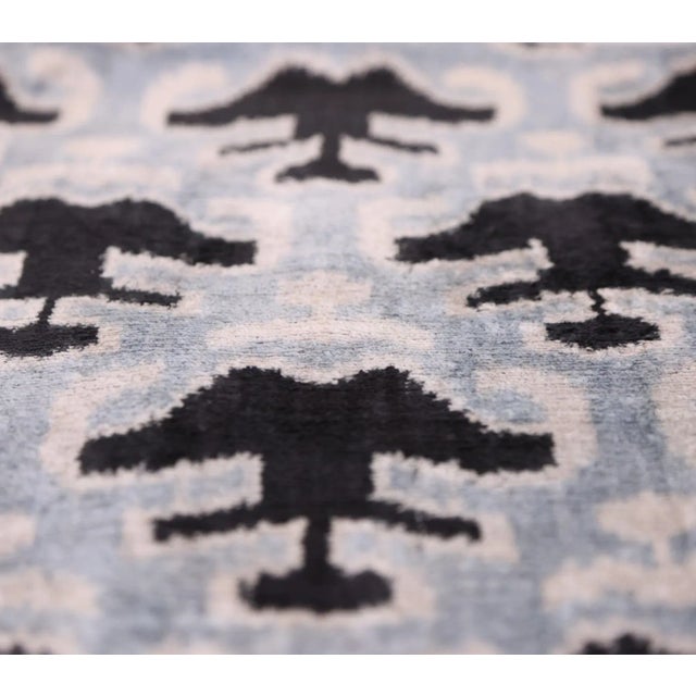 Light Blue Black Silk Velvet Pillow – 20x20 Handmade Ikat Throw Cushion For Sale In San Francisco - Image 6 of 8