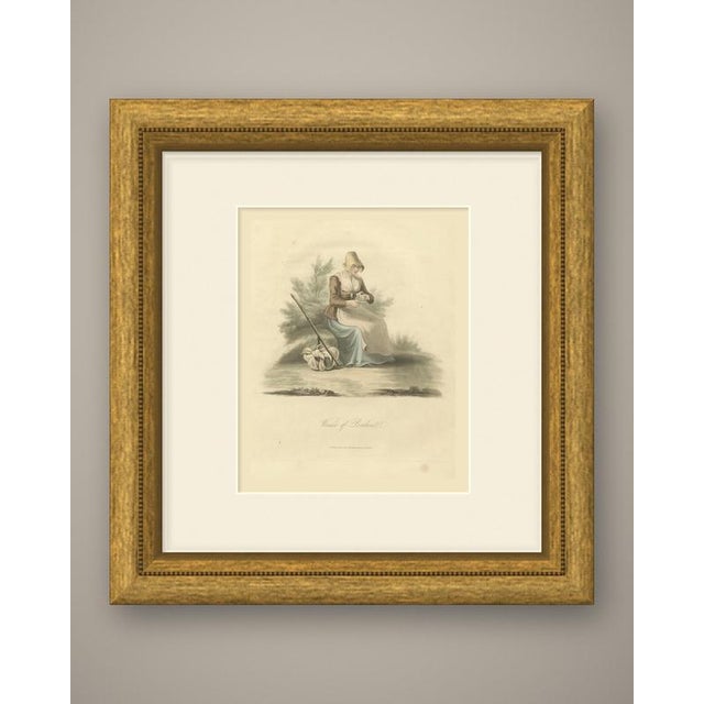 An original antique engraving, colored by hand, from Miss Semple's The Costume of the Netherlands, lettered "Woman of...