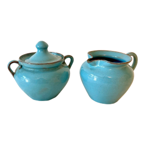 1960s Redware Robin’s-Egg Blue Sugar & Creamer Set, J B Cole Pottery
