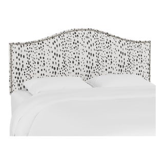 California King Headboard in Linen Leopard Ink with Pewter Nails For Sale