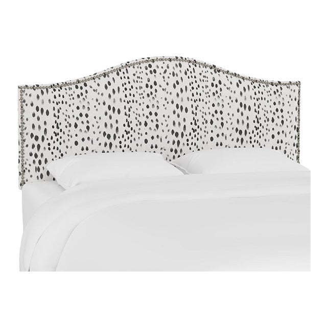 California King Headboard in Linen Leopard Ink with Pewter Nails For Sale