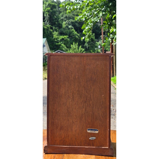 Vintage Wooden Jewelry Armoire With Etched Glass Doors & Red Velvet Lined Interior For Sale - Image 14 of 16